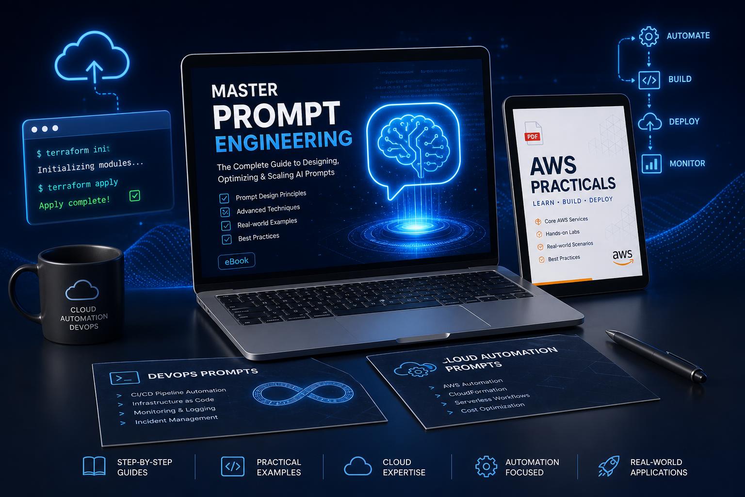 Laptop and tablet showing the Master Prompt Engineering eBook, AWS Practicals PDF and DevOps prompt documents