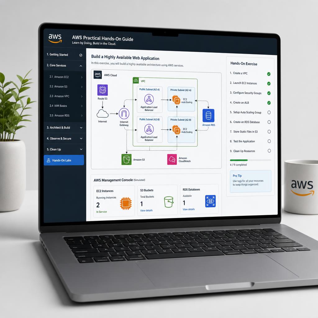 Laptop showing the AWS practical hands-on guide with architecture diagrams