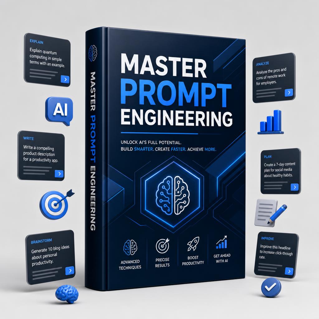 Master Prompt Engineering eBook cover surrounded by AI prompt cards